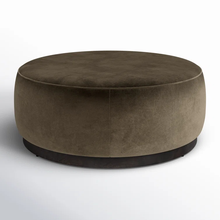 Sinclair Large Round Olive Velvet Ottoman with Brown Base