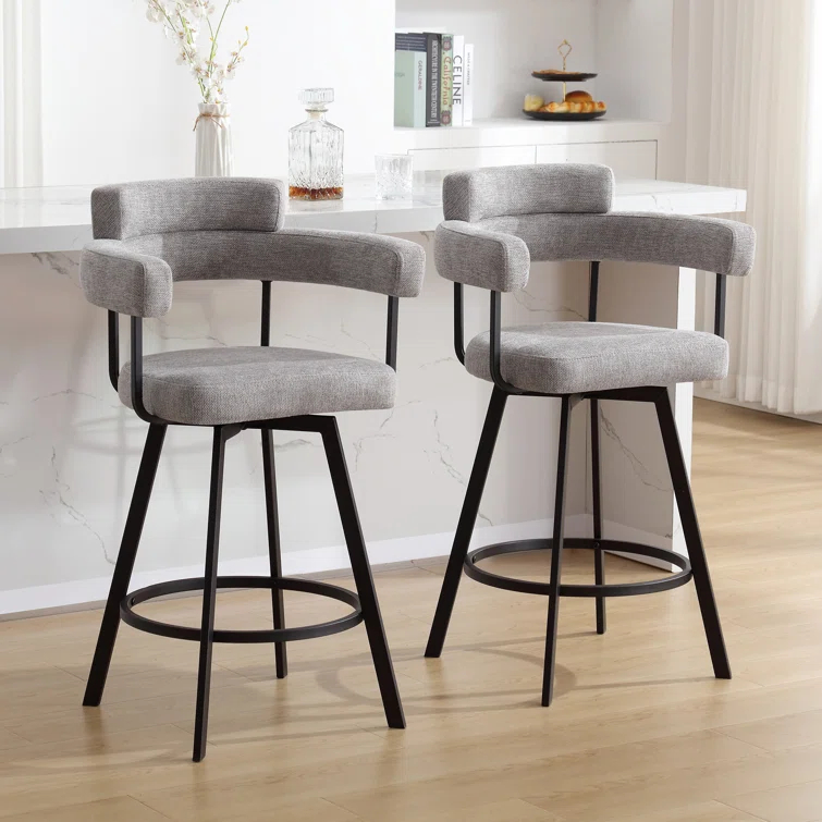 Rabassa Swivel Upholstered 26" Linen Counter Stool with Curved Wing Back and Metal Frame