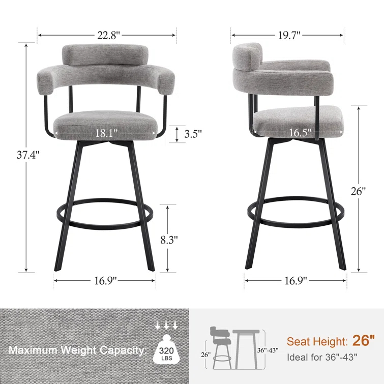 Rabassa Swivel Upholstered 26" Linen Counter Stool with Curved Wing Back and Metal Frame