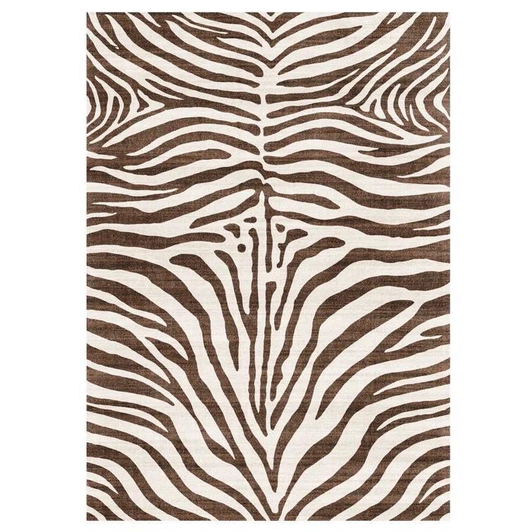 Gertmenian Crystal Print Zebra Modern Animal Print Brown Cream Washable Flat Pile Indoor Area Rug