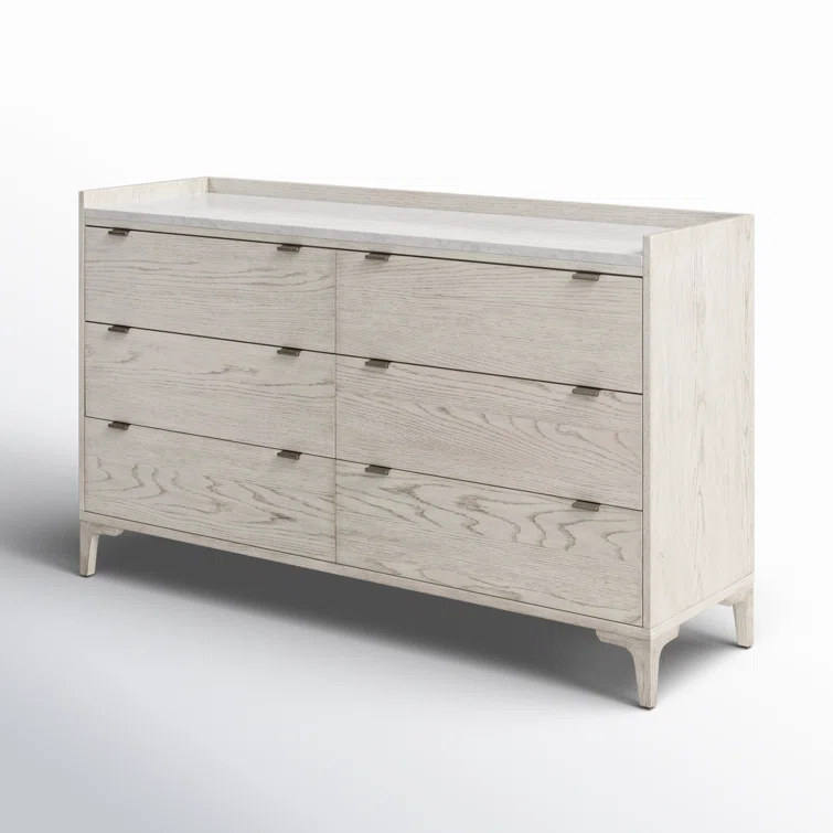 Elegant Vintage White Oak and Italian Marble 6-Drawer Dresser
