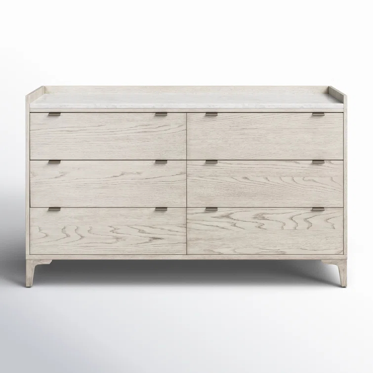 Elegant Vintage White Oak and Italian Marble 6-Drawer Dresser
