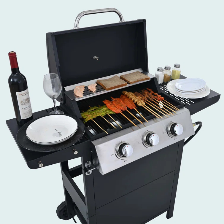 Propane Gas Grill 4 Burner Barbecue Grill, Stainless Steel 34,000 BTU Patio Garden Barbecue Grill With Two Shelves, Lid, Wheels And Bottle Opener