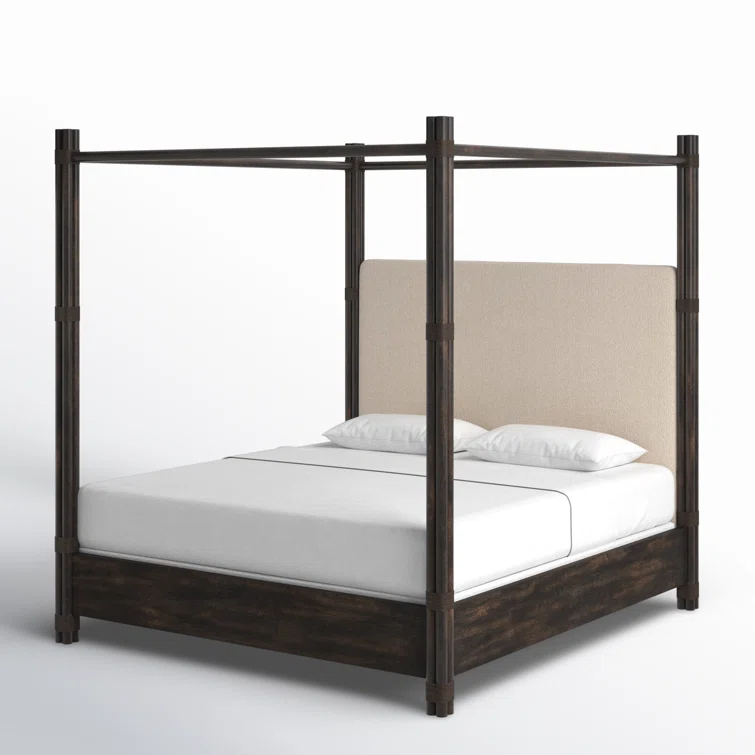 King Neo Cream Upholstered Canopy Bed with Oak Veneers