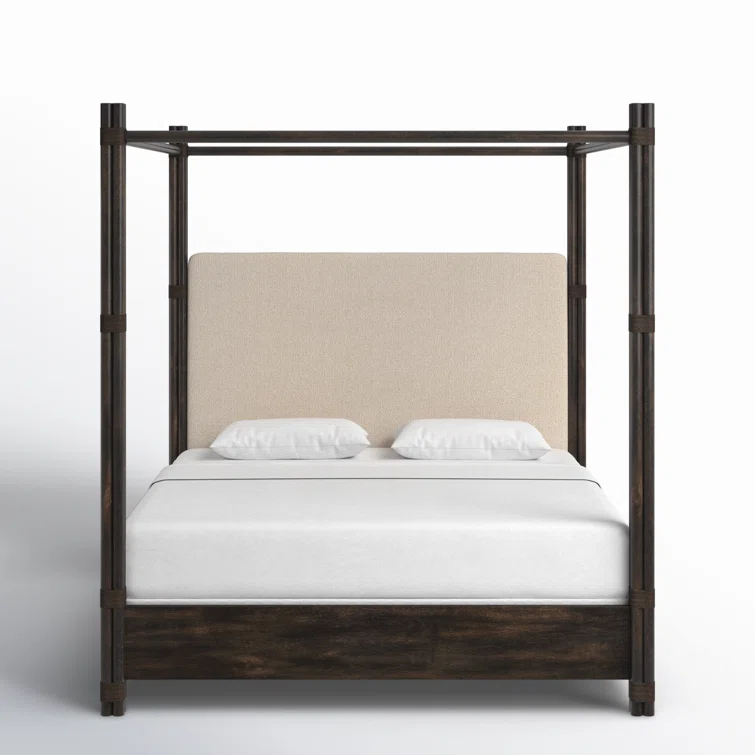 King Neo Cream Upholstered Canopy Bed with Oak Veneers
