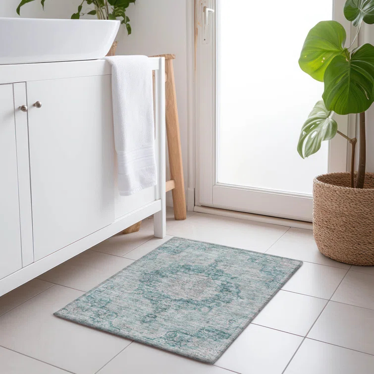 Machine Washable Indoor/Outdoor Claudian ACN1238 Teal Rug