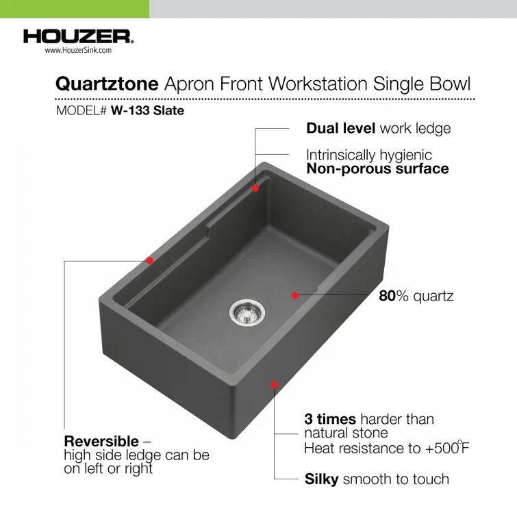 Houzer 33 inApron Front Granite Composite Workstation Sink w/ Accessories