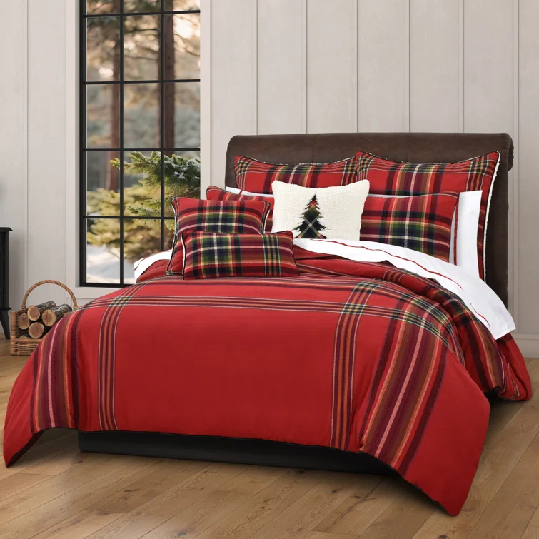 Queen Red Plaid Cotton Holiday Bedding Set
