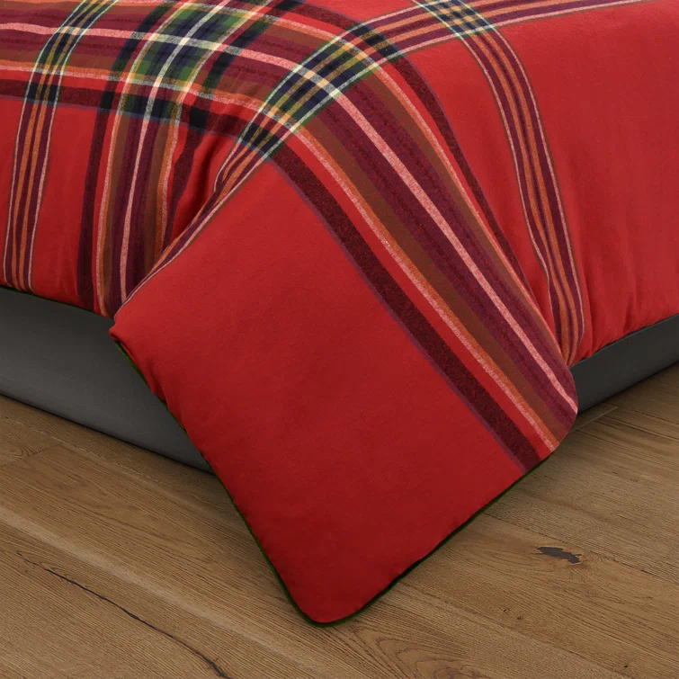 Queen Red Plaid Cotton Holiday Bedding Set