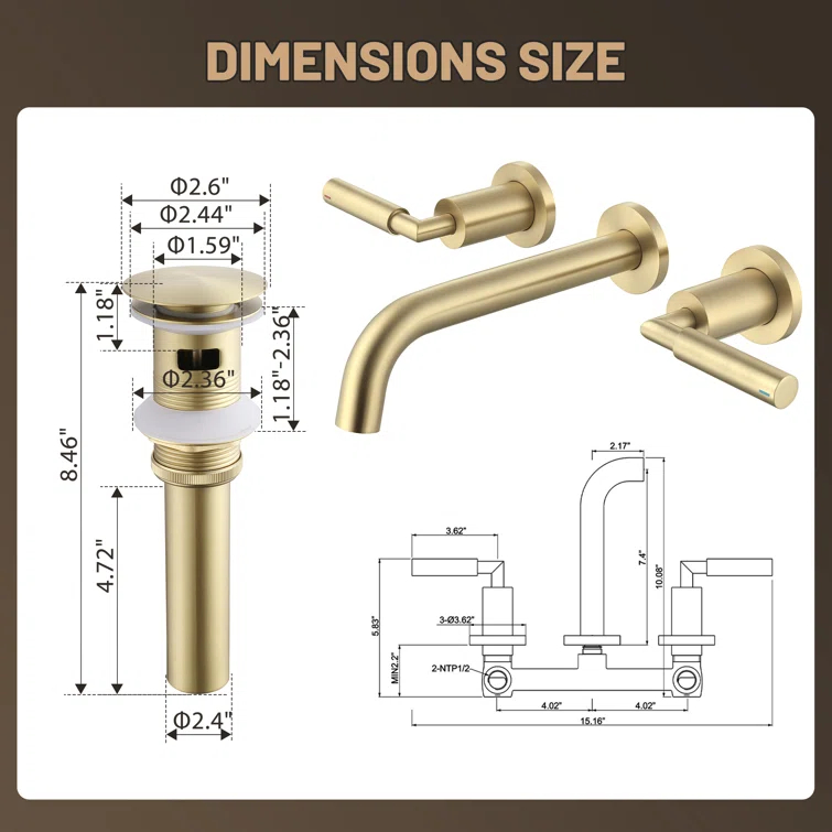 10.08" Widespread Bathroom Faucet 3 Hole, 2-handle Bathroom Sink Faucet with Drain Assembly