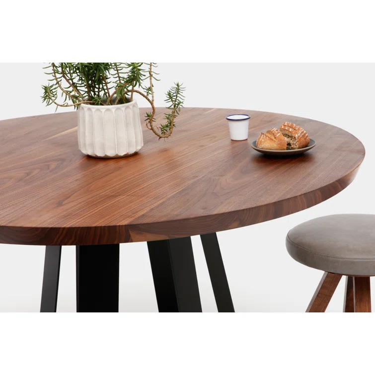 ARS Walnut Round Solid Wood Top Metal Base Dining Table