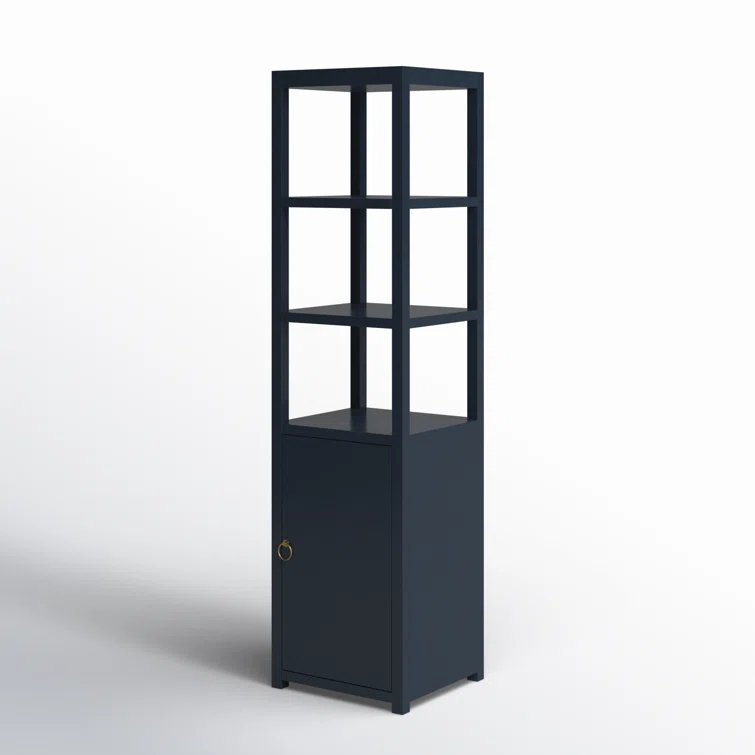 Navy Blue Tall Wood Bookcase with Adjustable Shelves and Door