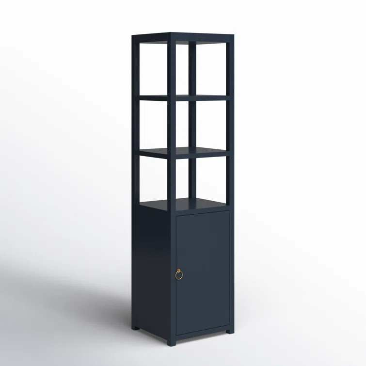 Navy Blue Tall Wood Bookcase with Adjustable Shelves and Door