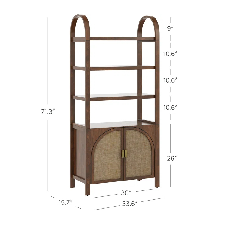 Boho 3-Shelf Bookshelf Cabinet With Rattan Doors