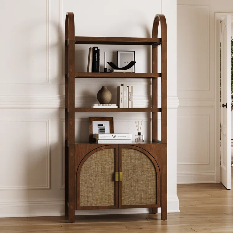 Boho 3-Shelf Bookshelf Cabinet With Rattan Doors