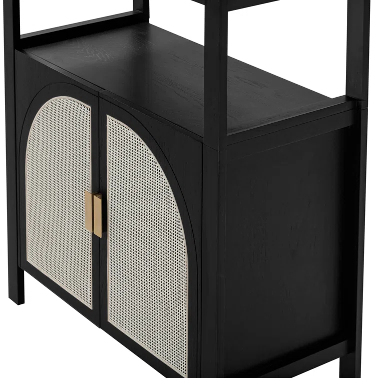 Boho 3-Shelf Bookshelf Cabinet With Rattan Doors