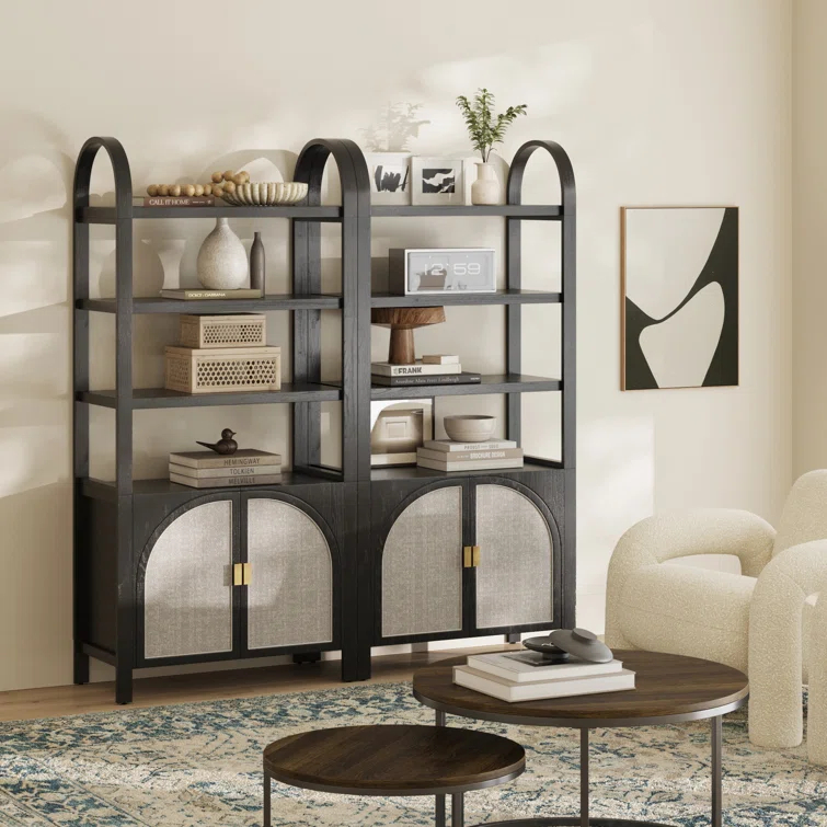Boho 3-Shelf Bookshelf Cabinet With Rattan Doors