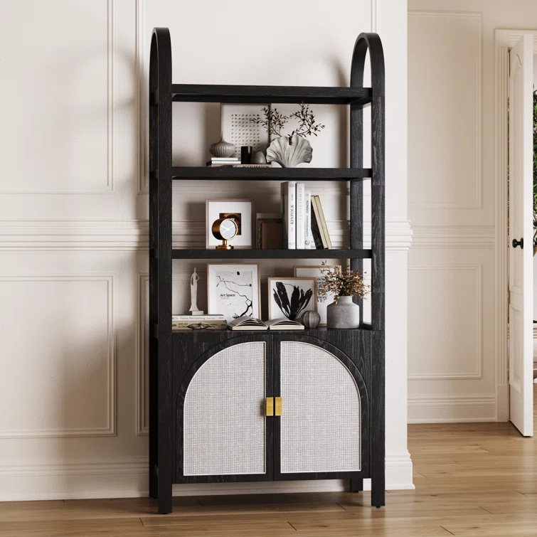 Boho 3-Shelf Bookshelf Cabinet With Rattan Doors