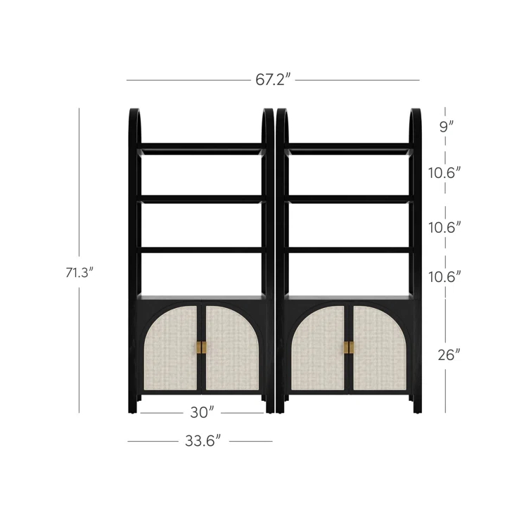 Boho 3-Shelf Bookshelf Cabinet With Rattan Doors