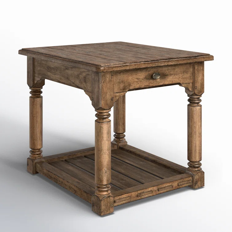 Rustic Brown Oak Veneer End Table with Metal Hardware