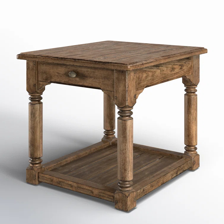 Rustic Brown Oak Veneer End Table with Metal Hardware