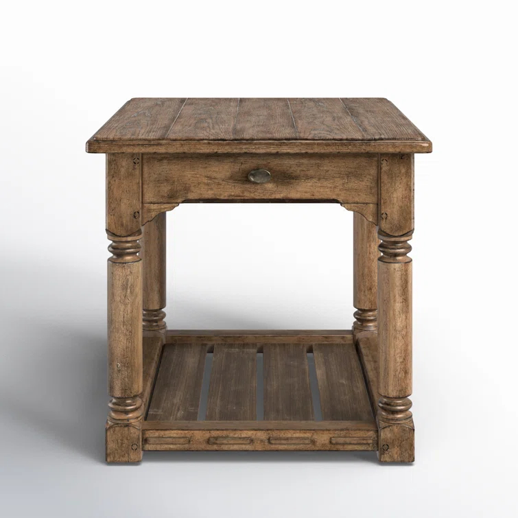 Rustic Brown Oak Veneer End Table with Metal Hardware