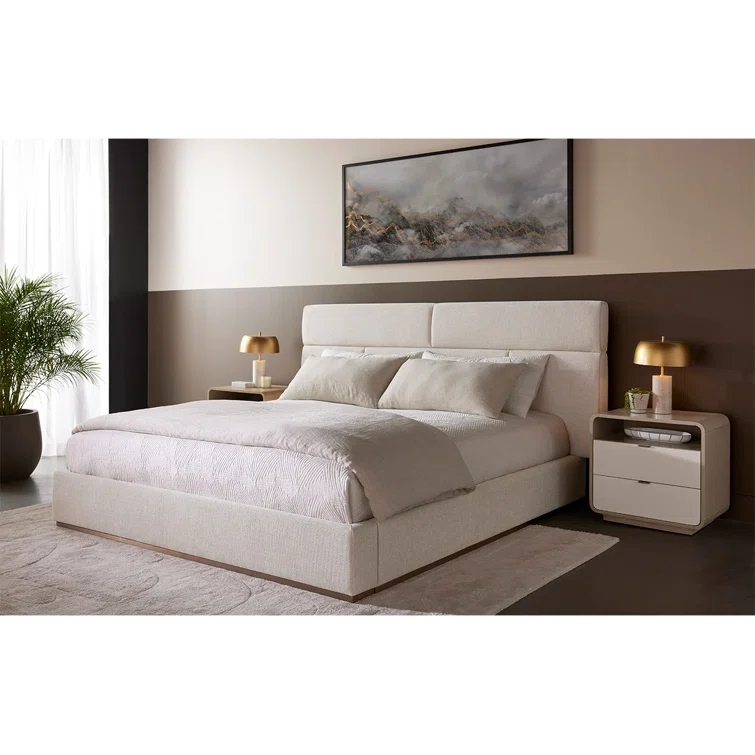 Cream King Platform Bed with Metal Frame and Headboard