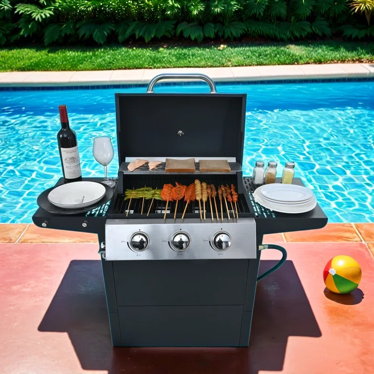 Portable 26,000 BTU Propane Grill, 3 Burners with Wheels, Lid, Shelves & Bottle Opener