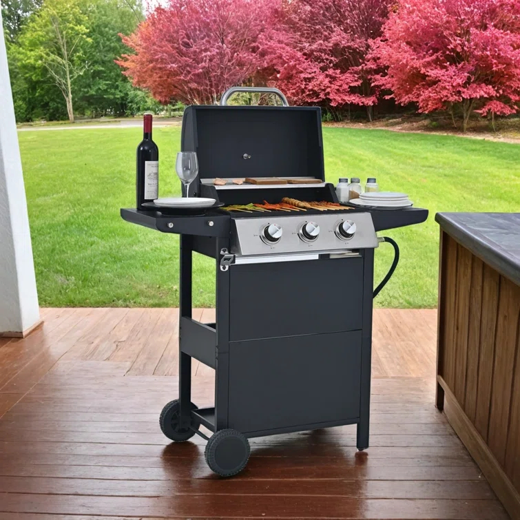 Portable 26,000 BTU Propane Grill, 3 Burners with Wheels, Lid, Shelves & Bottle Opener