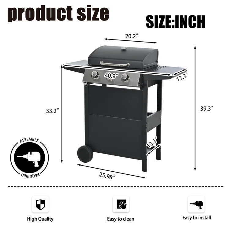 Portable 26,000 BTU Propane Grill, 3 Burners with Wheels, Lid, Shelves & Bottle Opener