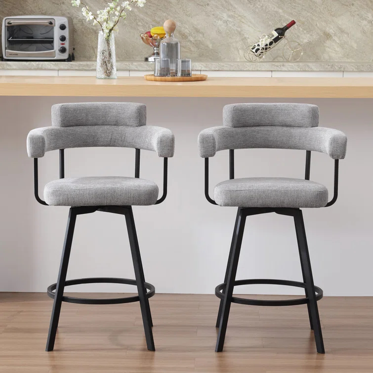 Rabassa Swivel Upholstered 26" Linen Counter Stool with Curved Wing Back and Metal Frame