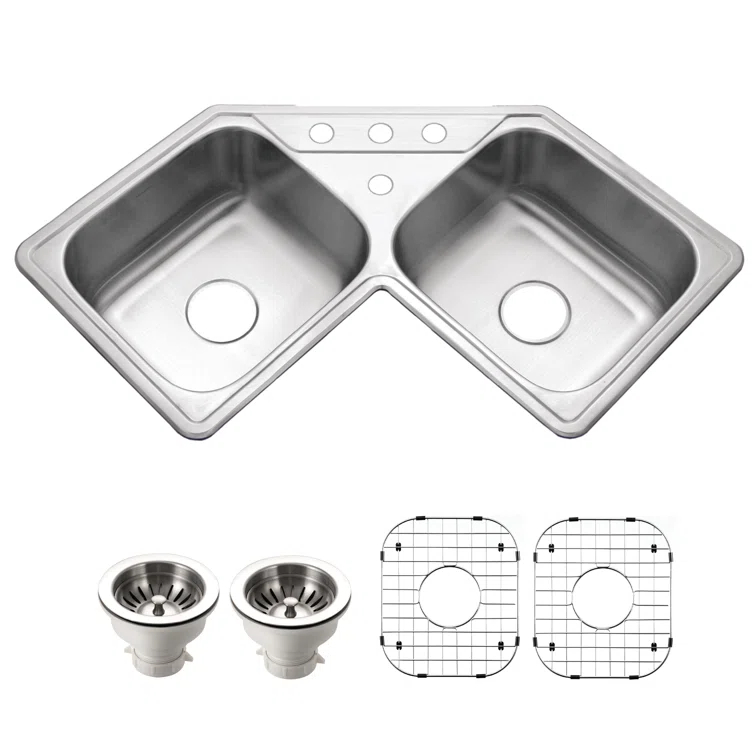 Houzer 32 in Stainless Topmount 4-hole 50/50 Double Corner Kitchen Sink w/ Strainer,Grid-LCR-3221-C