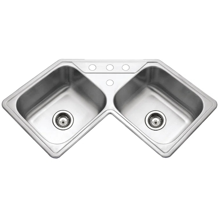 Houzer 32 in Stainless Topmount 4-hole 50/50 Double Corner Kitchen Sink w/ Strainer,Grid-LCR-3221-C