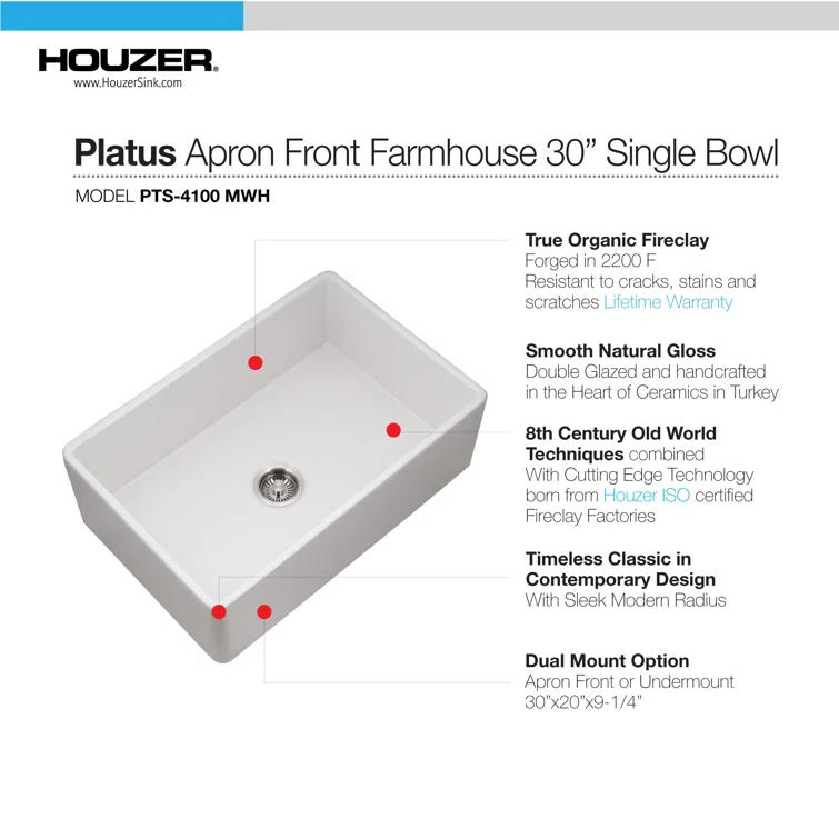 Houzer 30 in x 20 in Matte White Fireclay Apron Front Single Bowl Kitchen Sink - PTS-4100 MWH