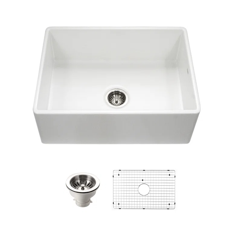 Houzer 30x20 inFireclay Apron Front Single Bowl Kitchen Sink w/ Strainer,Grid-PTS-4100 WH-C