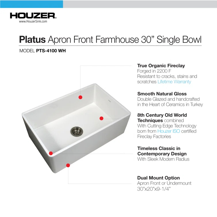 Houzer 30x20 inFireclay Apron Front Single Bowl Kitchen Sink w/ Strainer,Grid-PTS-4100 WH-C