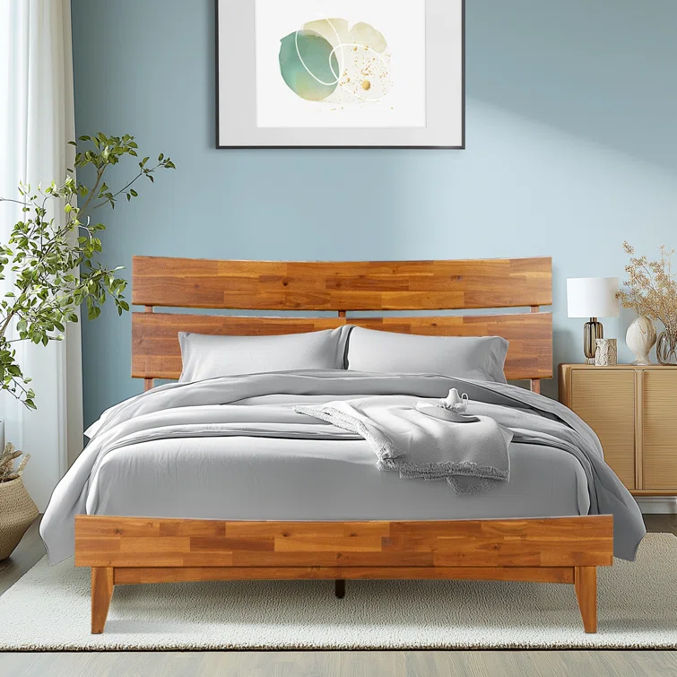 Acacia Aurora Premium Solid Wood Platform Bed Frame and High Headboard, King Bed Frame with Headboard Included, Mid Century Modern Bed with 5 years Warranty