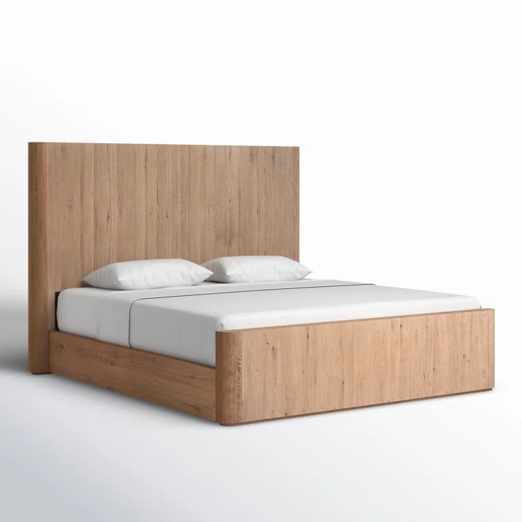 Natural Oak King Low Profile Bed with Tall Headboard