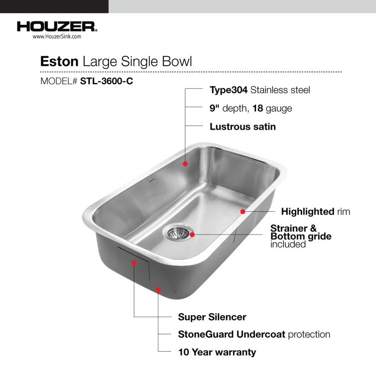 Houzer 32 in Stainless Steel Undermount Single Bowl Kitchen Sink w/ Strainer, Grid - STL-3600-C