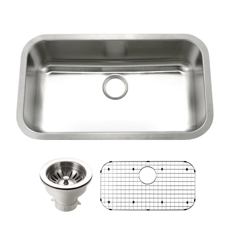 Houzer 32 in Stainless Steel Undermount Single Bowl Kitchen Sink w/ Strainer, Grid - STL-3600-C