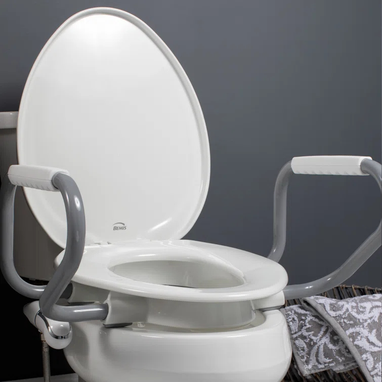 Bemis Assurance 3" Raised Toilet Seat with Handles and Bidet Attachment, Secure Hinges, Elongated, White 7YE85320H20 ARM