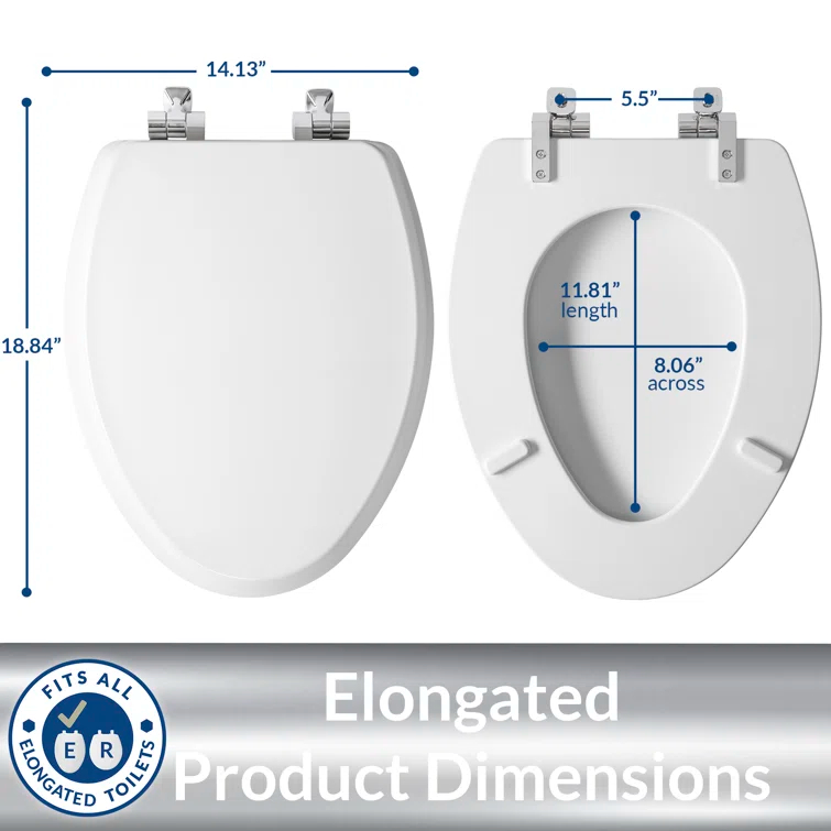 Bennett Toilet Seat with Metal Hinges, Slow Close Wood Seat, Easy Install, Elongated, White