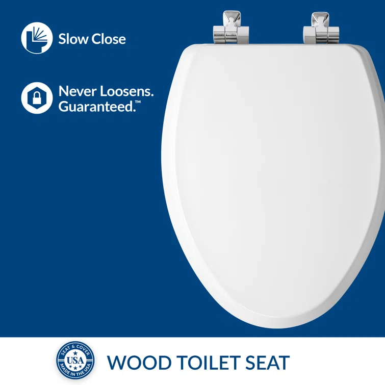 Bennett Toilet Seat with Metal Hinges, Slow Close Wood Seat, Easy Install, Elongated, White
