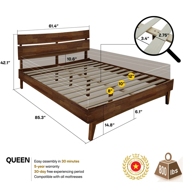 Acacia Aurora Premium Solid Wood Platform Bed Frame and High Headboard, Queen Bed Frame with Headboard, Mid Century Modern Bed with 5 years Warranty