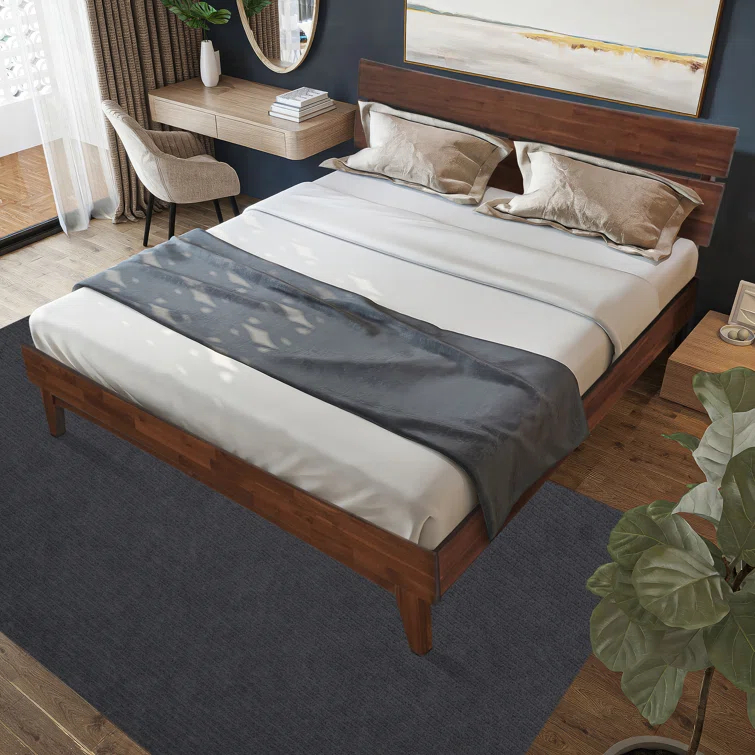 Acacia Aurora Premium Solid Wood Platform Bed Frame and High Headboard, Queen Bed Frame with Headboard, Mid Century Modern Bed with 5 years Warranty