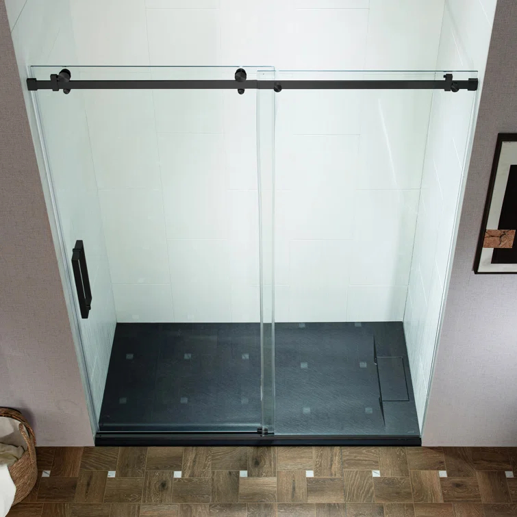 WoodBridge Semi-Frameless Single Sliding Shower Doors, 56-60" W X 76" H With 5/16" Clear Tempered Glass And Explosion-Proof Film MSDF6076-MBL