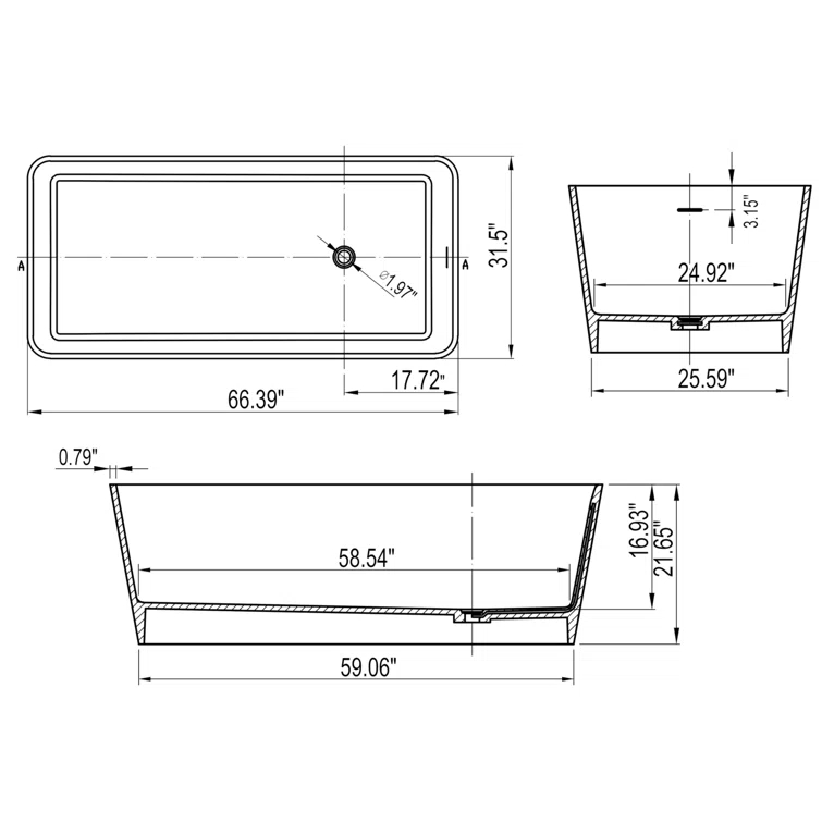 67'' X 31.5'' Freestanding Soaking Solid Surface Stone Resin Bathtub