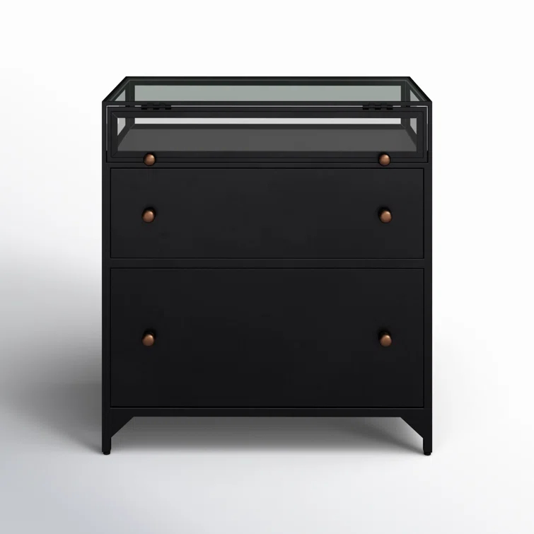 Belmont Matte Black Iron 2-Drawer Nightstand with Glass Enclosure
