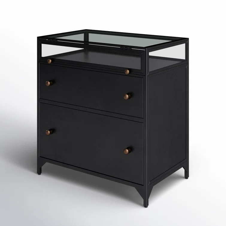 Belmont Matte Black Iron 2-Drawer Nightstand with Glass Enclosure