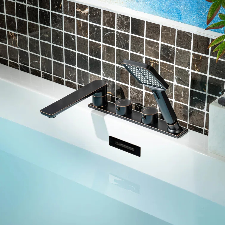 Widespread Deck Mount Roman Tub Faucet With Hand Shower, Two-Handle 4-Holes Bathtub Shower Faucet Set